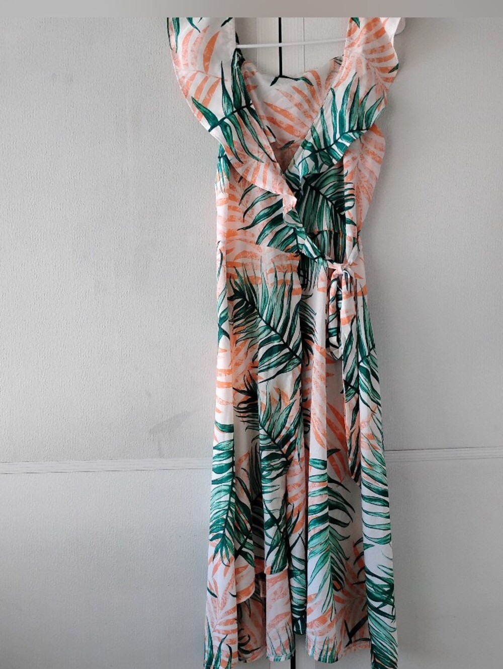 Floral Tropical Wrap Midi Dress in Peach and Green